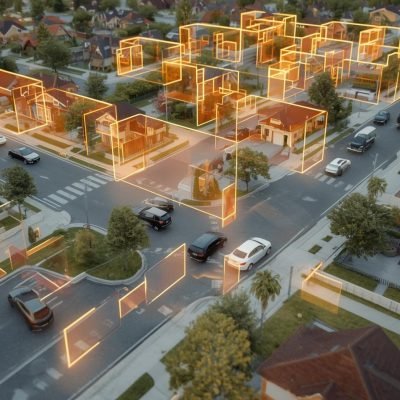 I want a beautiful 3D computer vision image that detects things like cars, bicycles, houses people, let there be like a square to detect objects.